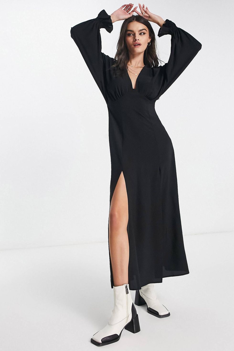 Plunge batwing maxi dress in black