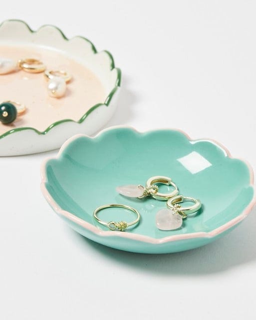 Scalloped Green & White Ceramic Trinket Dish Set of Two
