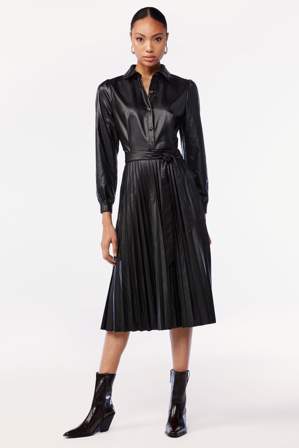 Women's Faux-Leather Pleated Shirtdress