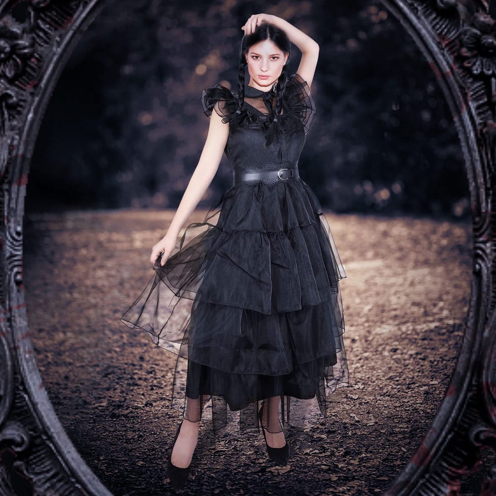 Wednesday Adams Family Cosplay Ball Black Dress Performance Dress(dress +  Belt + Decorative Belt)