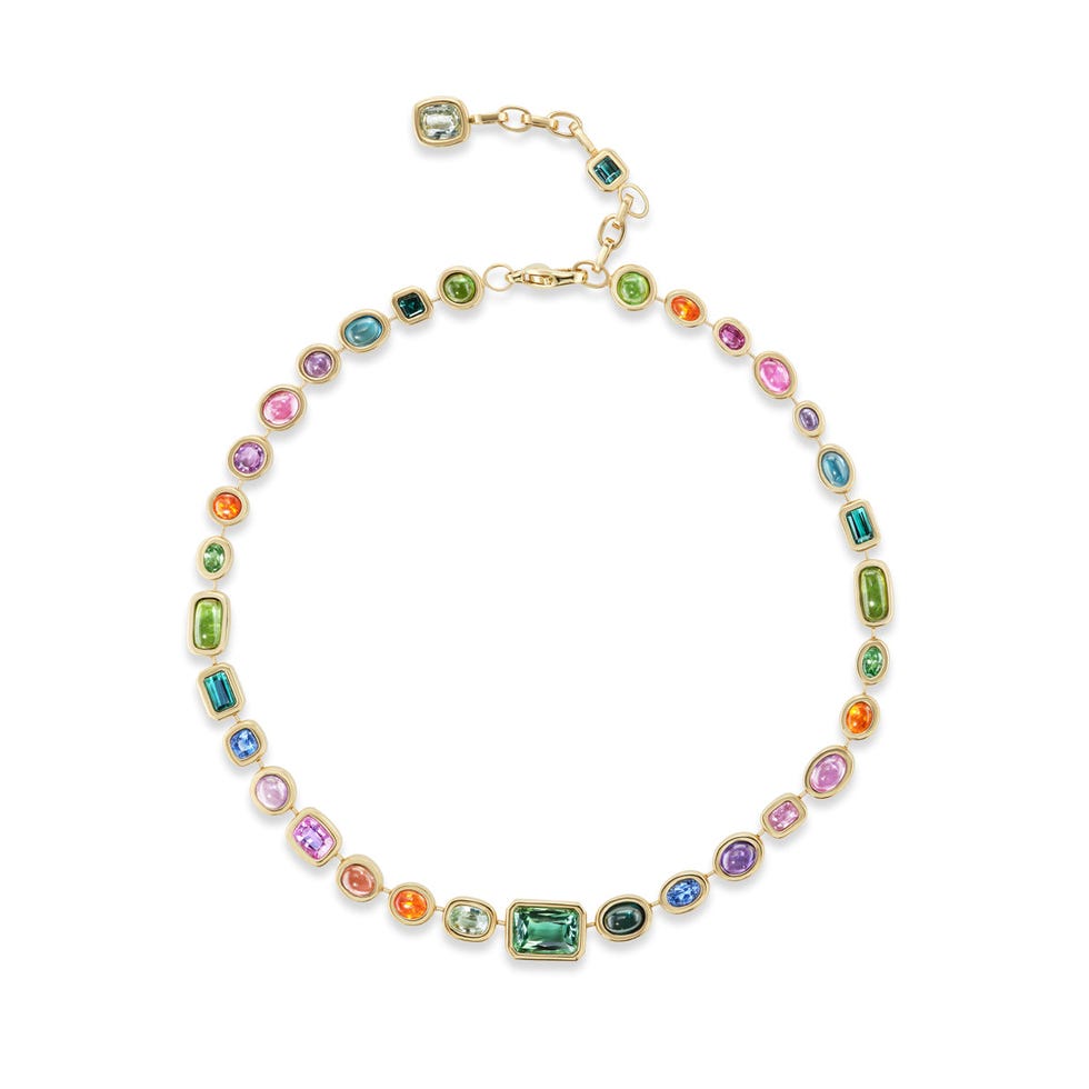 One-of-a-Kind Pillow Necklace with Rainbow Cabochons and Faceted Stones One-of-a-Kind Pillow Necklace with Rainbow Cabochons and Faceted Stones