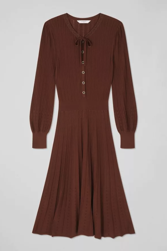 Susannah Brown Rib Knit Pleated Dress