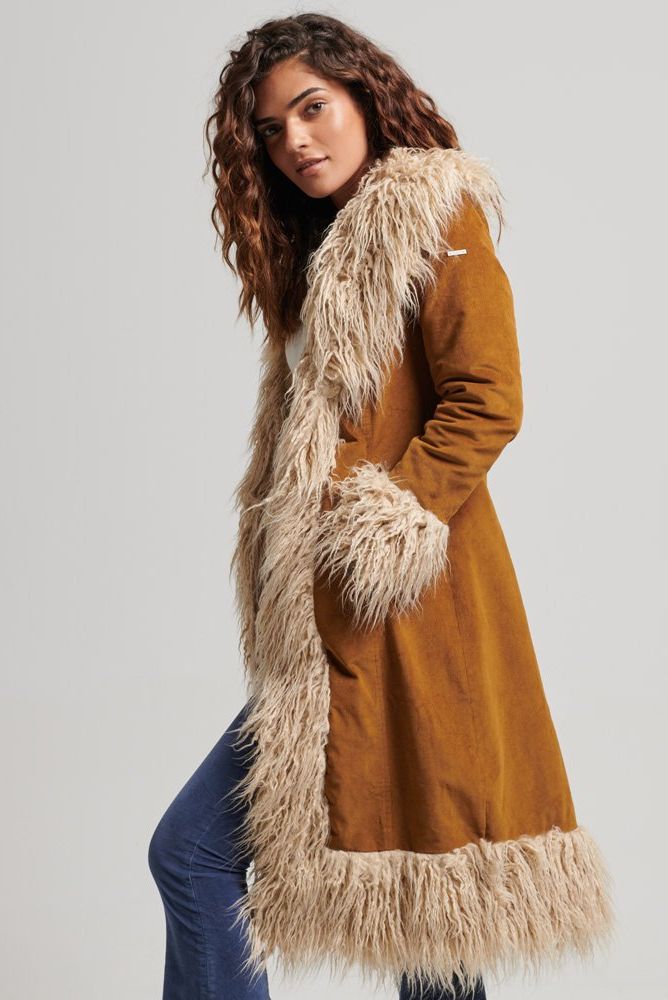 Faux fur lined longline afghan coat