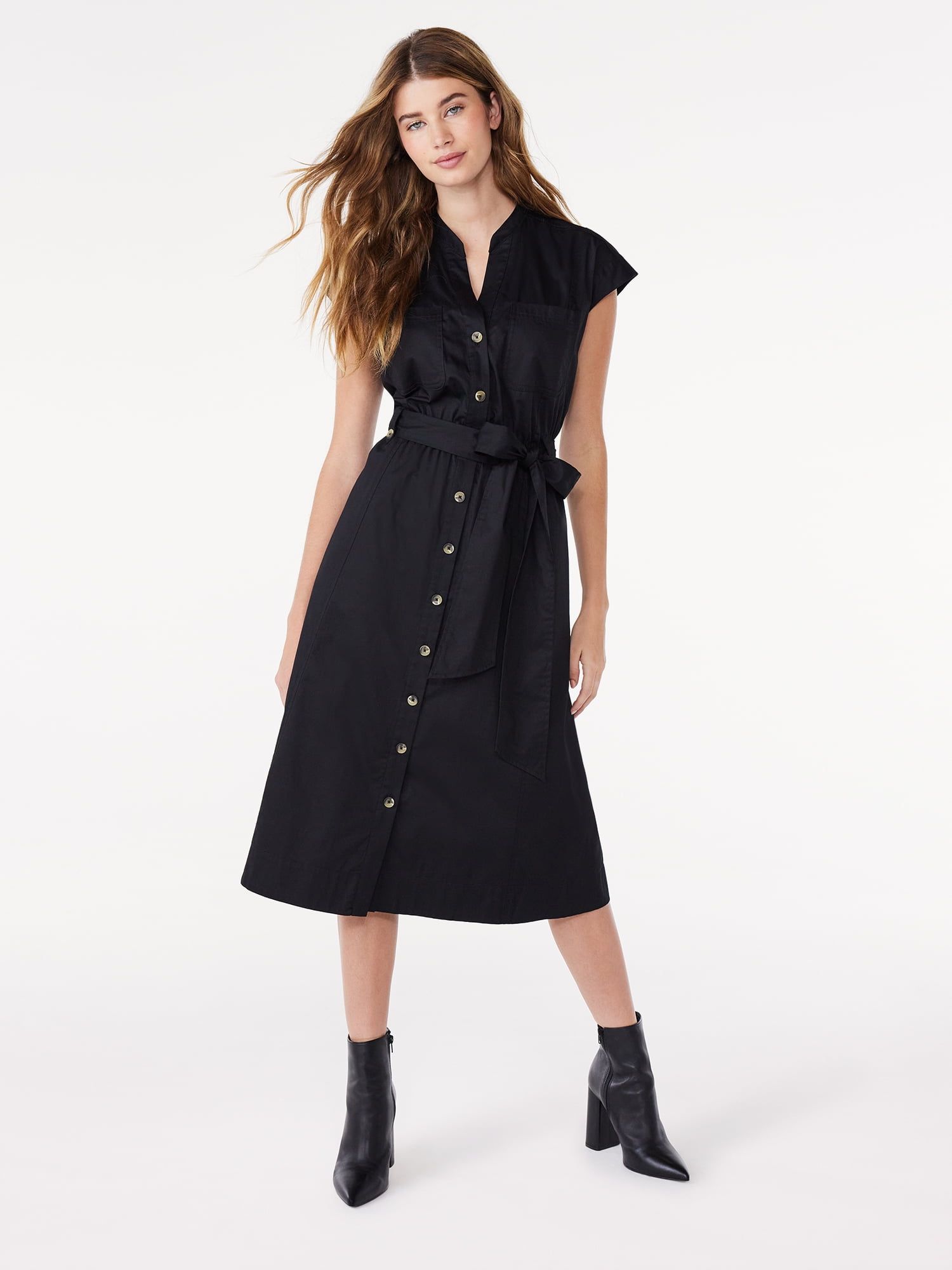 Time and tru women's belted midi best sale shirt dress with pocket