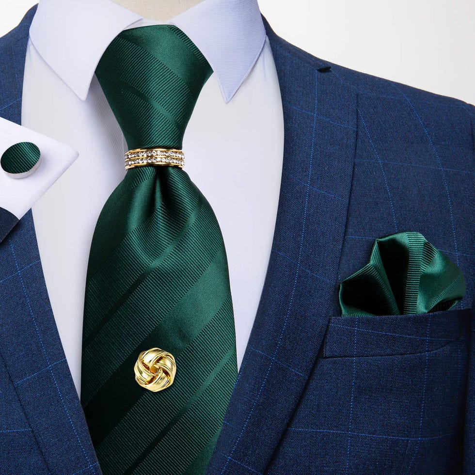 Green Tie With Gold Tie Tack