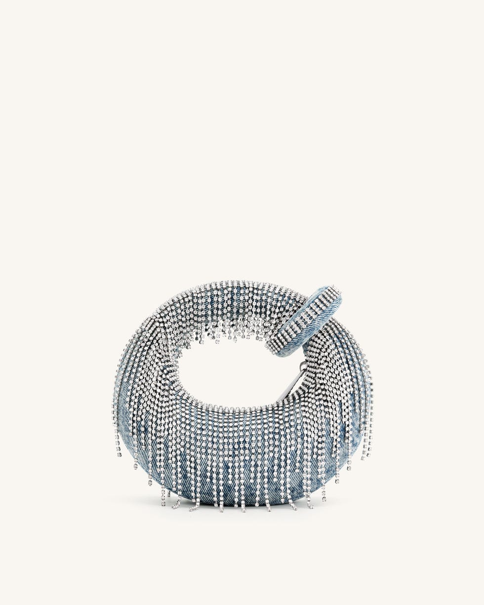 Bolso denim con flecos de strass