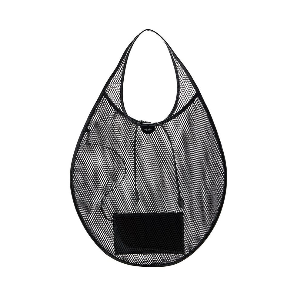 Leather-Trimmed Mesh Tote Bag