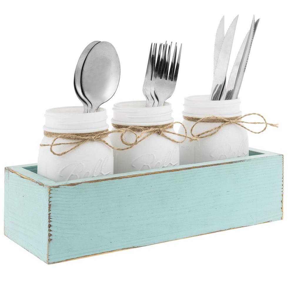 Vintage Blue Wood Flatware Holder with Painted White Mason Jars