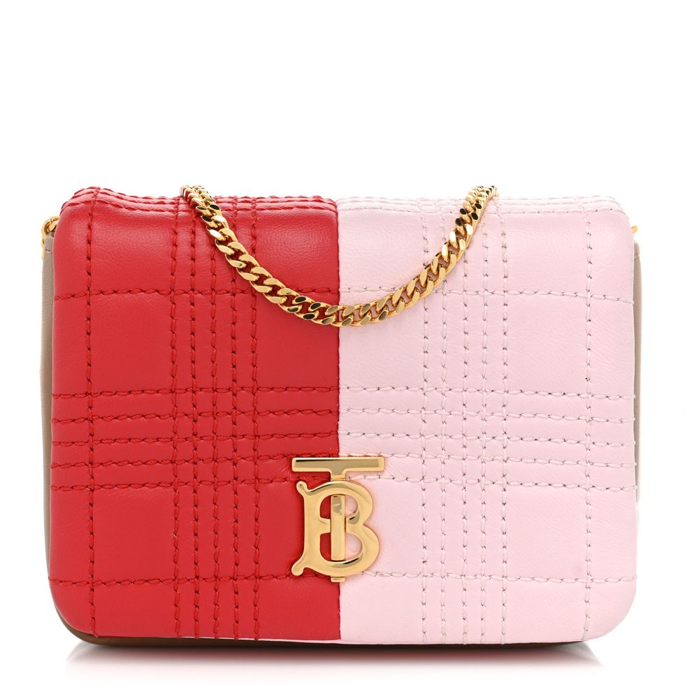 BURBERRY Lambskin Quilted Micro  Tri-Color Lola Bag Red Pink Tan