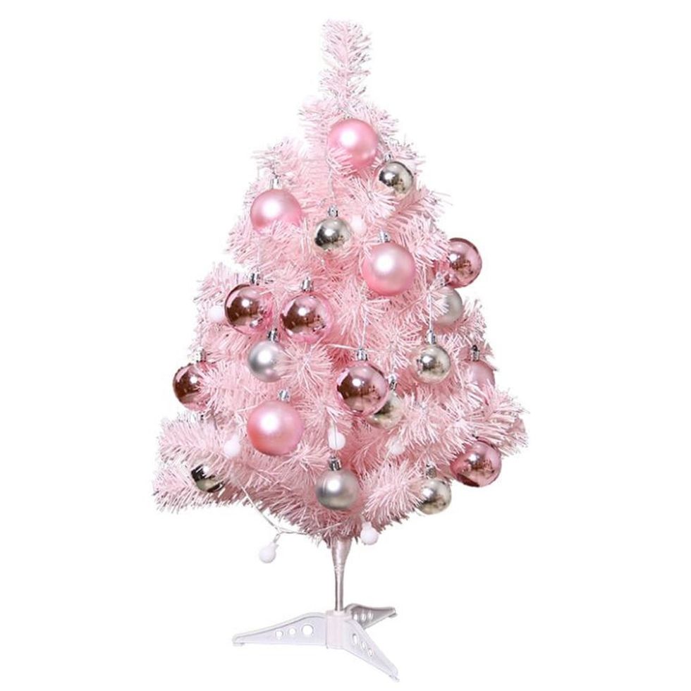 Pink Feather Mini Christmas Tree with Lights Ornaments for Home Office Tabletop Decor Christmas Gift, Size: 18