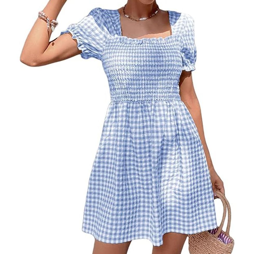 Plaid Short Puff Sleeve Square Neck Shirred Mini Dress 