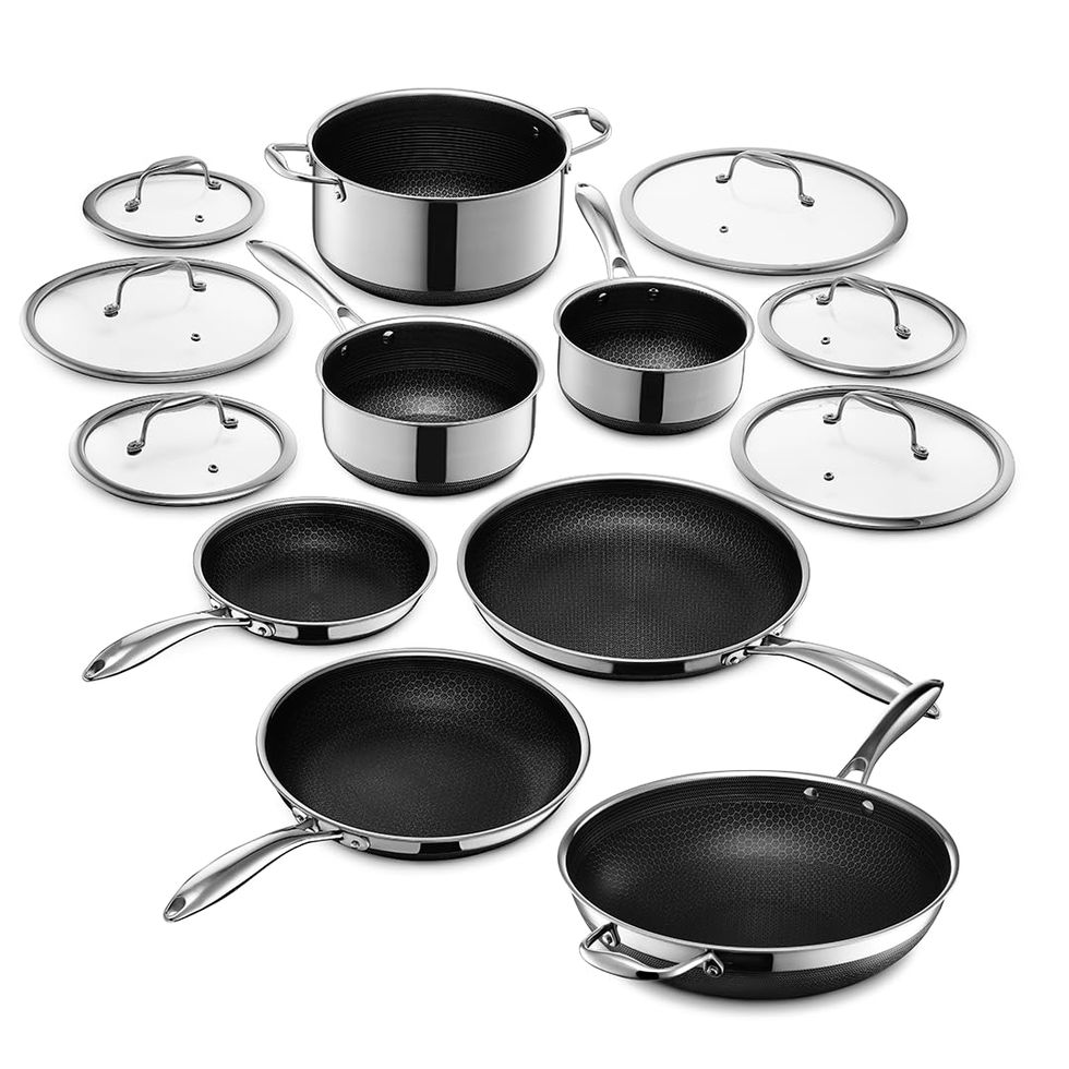 HexClad 2 Piece Hybrid Stainless Steel Cookware Set - 12 Inch Griddle  Skillet Pan and 8 Inch Frying Pan, Stay Cool Handles, Dishwasher Safe