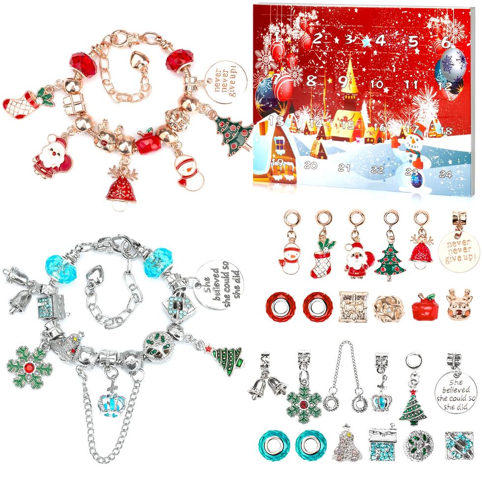 Advent Calendar 2023 Girls Christmas Countdown Calendar,Christmas Themed DIY Charm Bracelet Making Kit for Girls, Jewelry Gift Set Including 24 Charms Beads, 2 Bracelets (Red-ball)