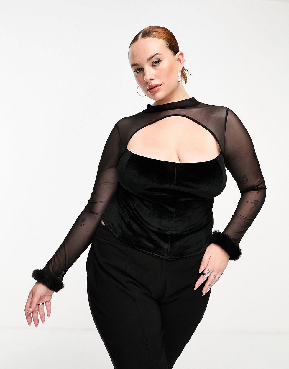 ASOS Sweetheart Neck Top With Mesh Sleeve in Black