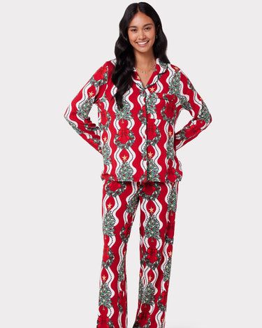 Christmas Tree & Wreath Stripe Print Long Pyjama Set