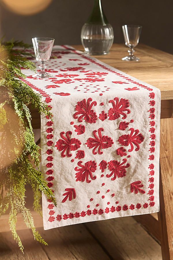 Damask Embroidered Cotton Runner By Anthropologie in Assorted