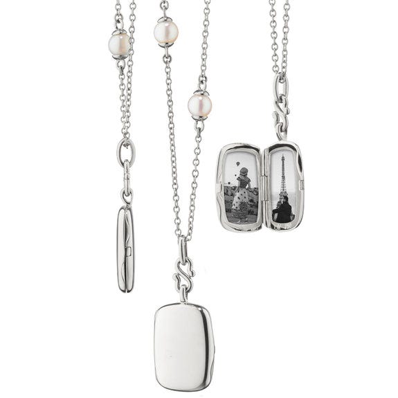 Slim "Britt" Sterling Silver Locket Necklace on Pearl Chain Slim "Britt" Sterling Silver Locket Necklace on Pearl Chain
