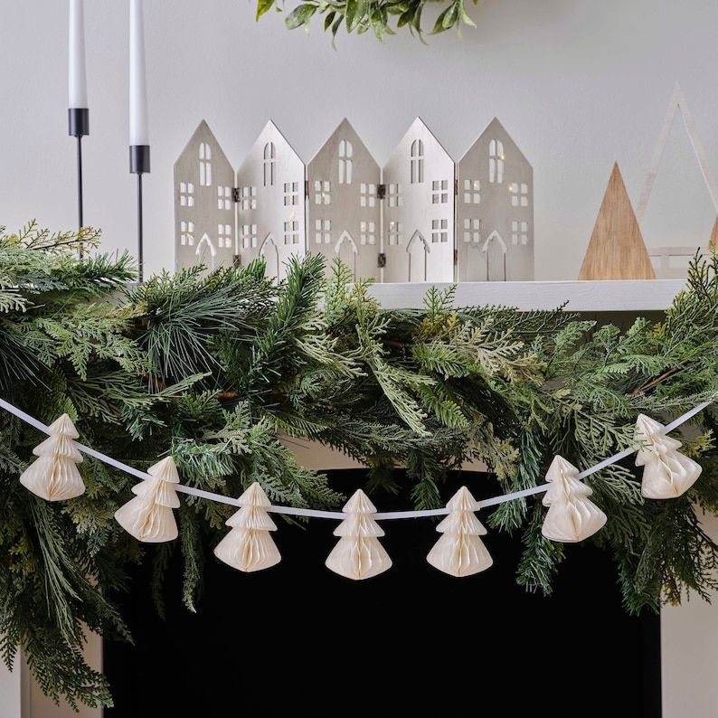 White Honeycomb Paper Christmas Tree Garland 2m - Scandi Nordic Christmas Home Decorations