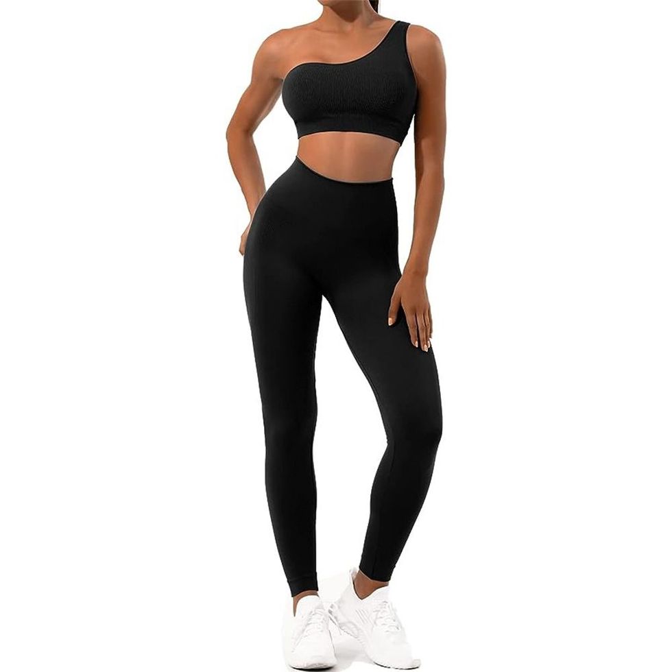 2 Piece, Ribbed Seamless One Shoulder Sports Bra and High Waisted Leggings