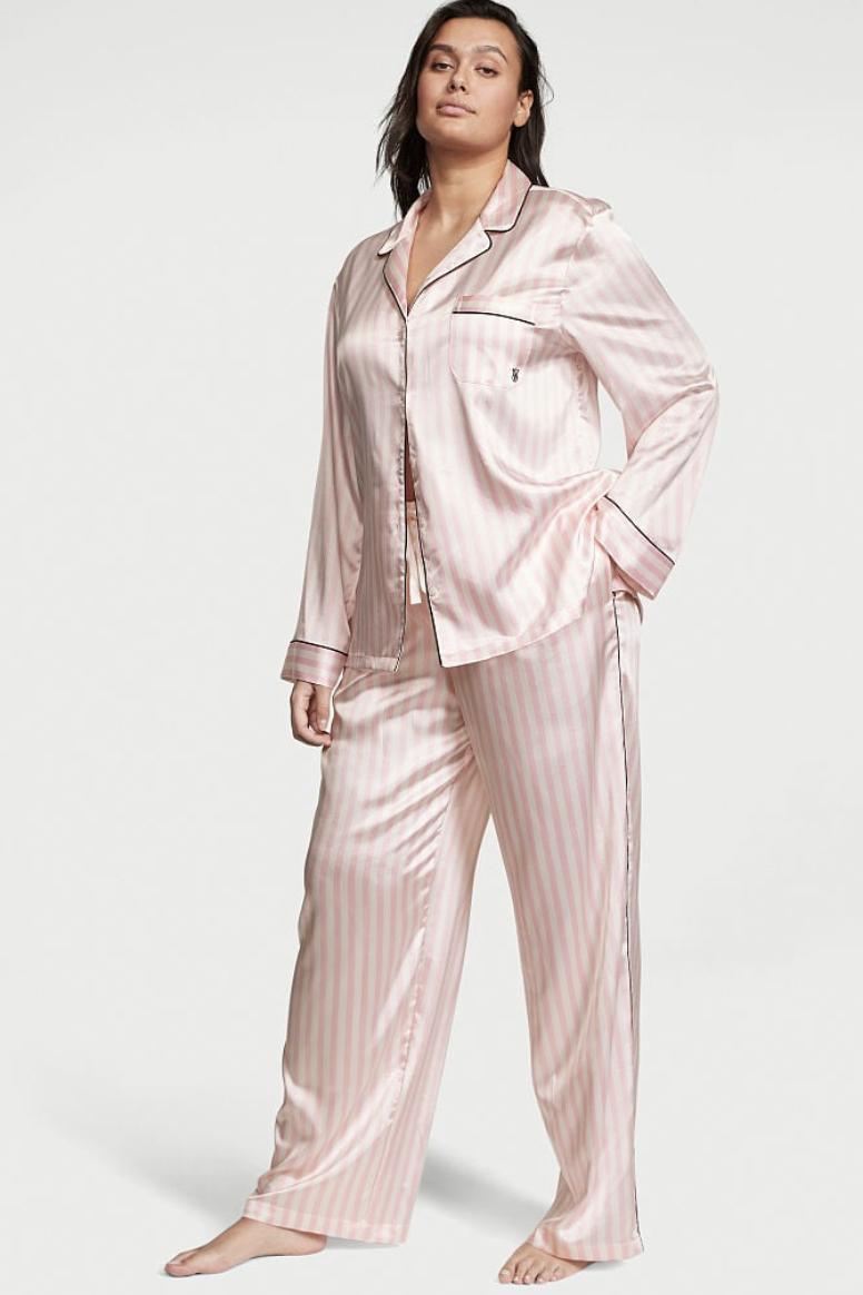 Ladies Luxury Black & White Stripe Satin Cami Top Long Pyjamas