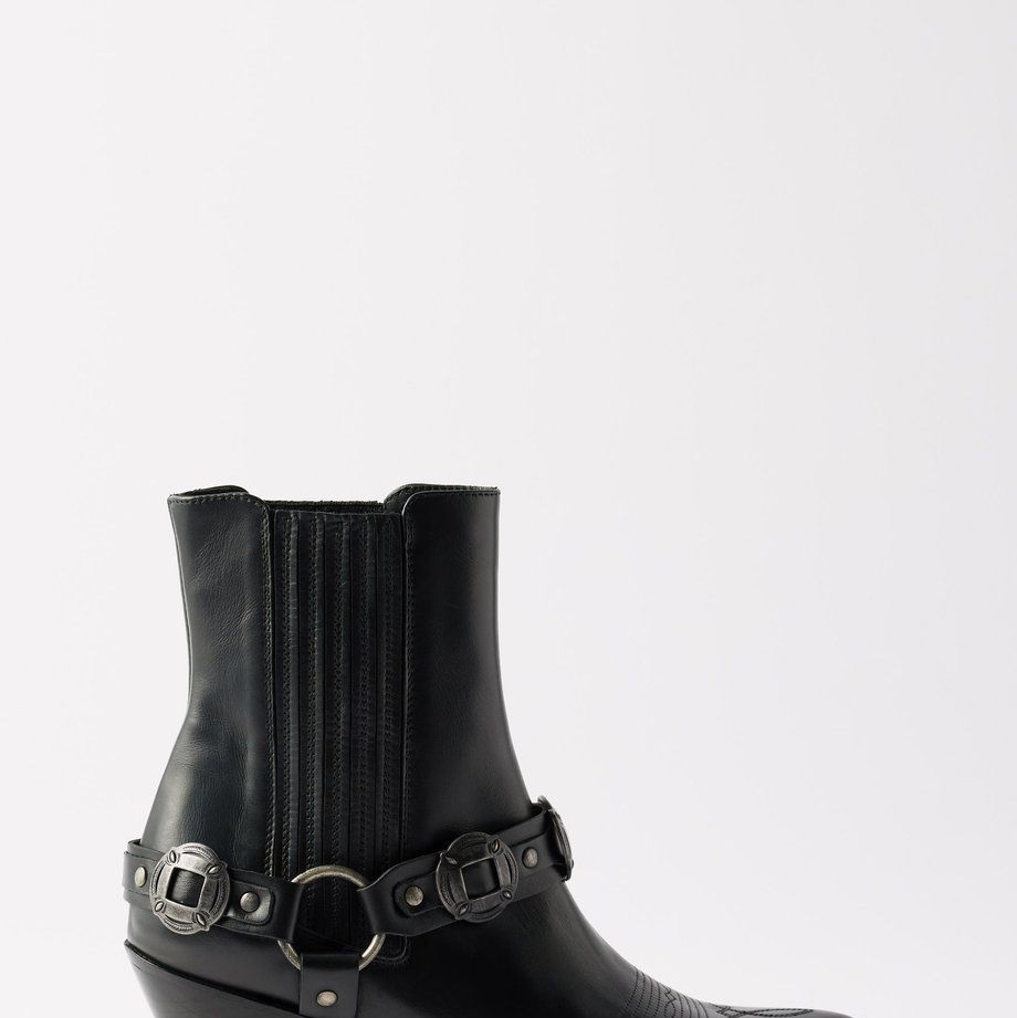 Buckled Leather Point-Toe Boots