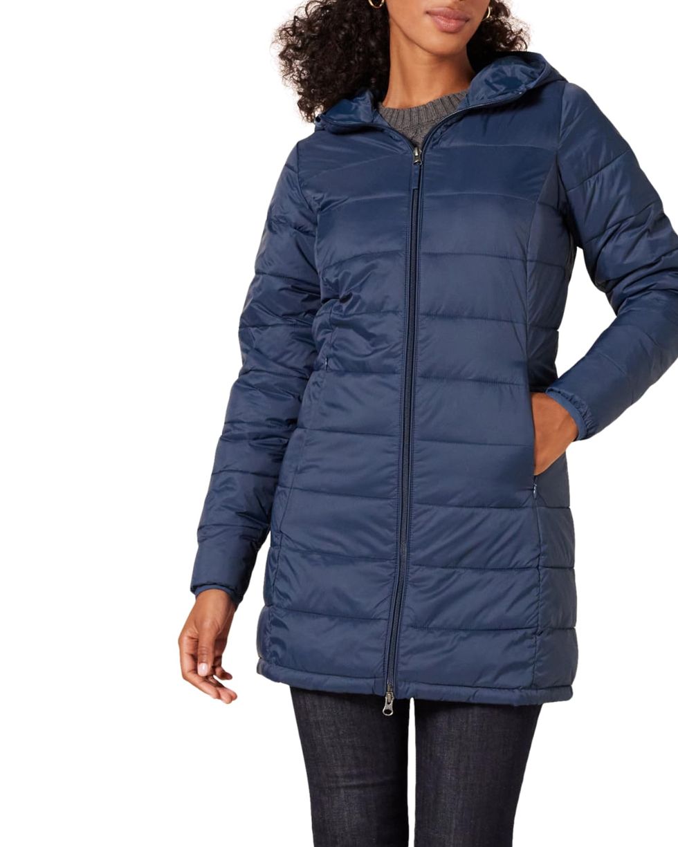 Essentials Women's Lightweight Water-Resistant Hooded Puffer Coat, Black, Large