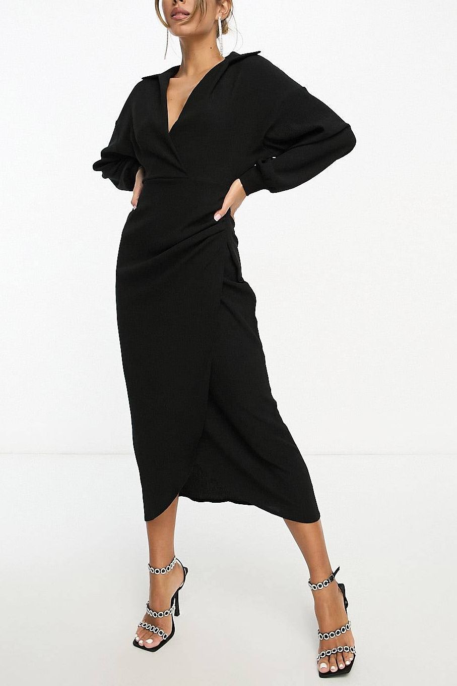 Textured Collared Wrap Midi Dress in Black