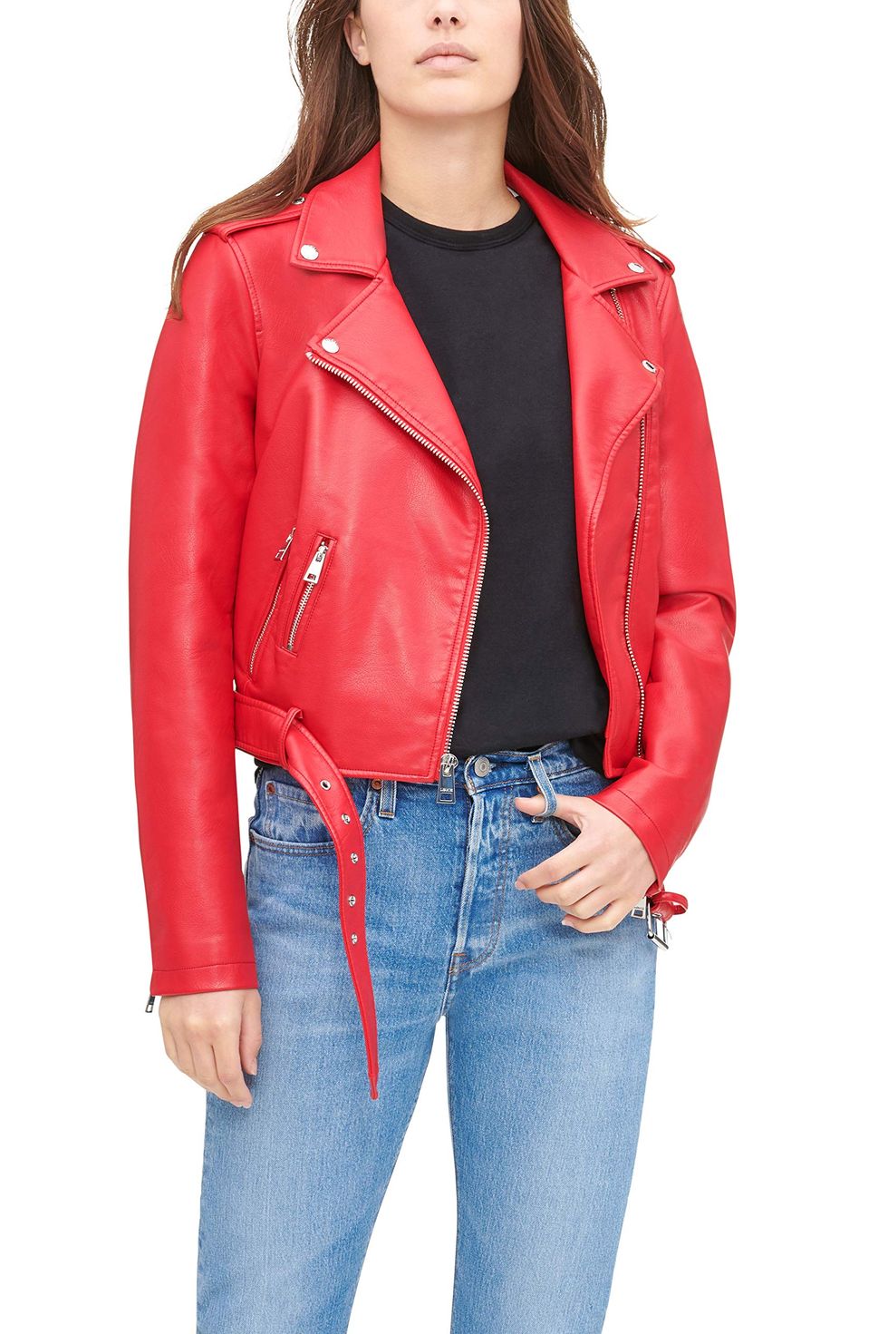 Women Faux Leather Belted Motorcycle Jacket