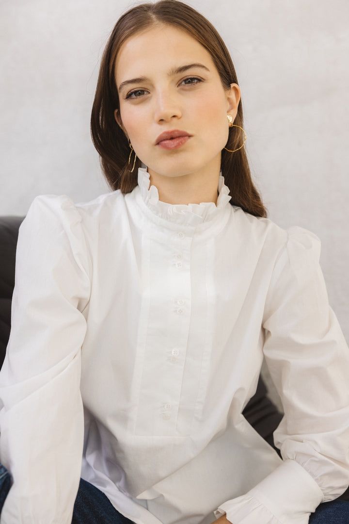 The Collared Ruffle See-through Blouse - Women's White Long Sleeve