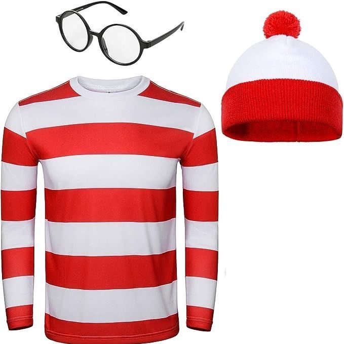 Adult Men Red and White Striped Tee Shirt Glasses Hat