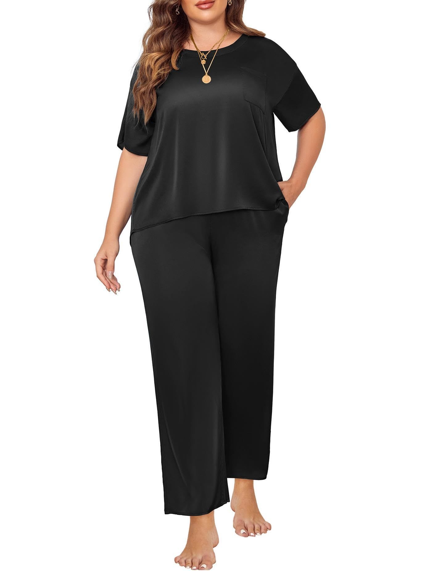 Plus size black satin hot sale pajamas