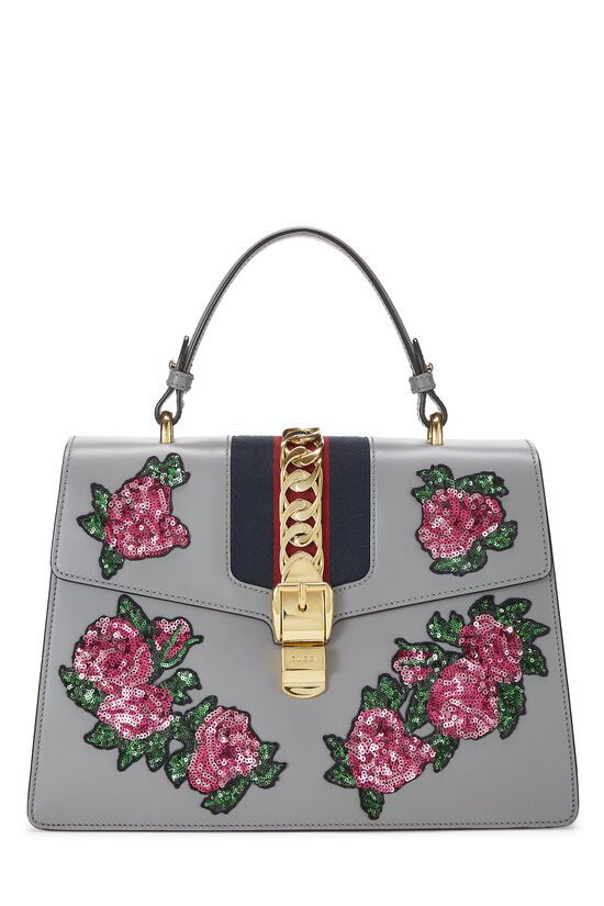 Grey Floral Embroidered Leather Sylvie Medium
