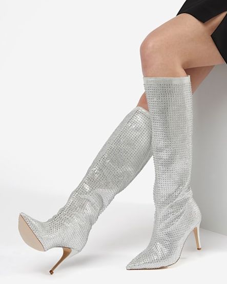 Sparkly silver embellished knee high boots