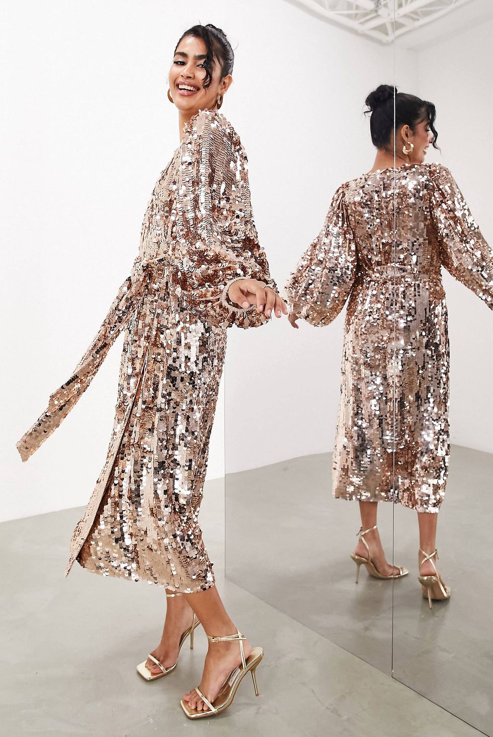 Batwing Sleeve Sequin Wrap Midi Dress in Gold