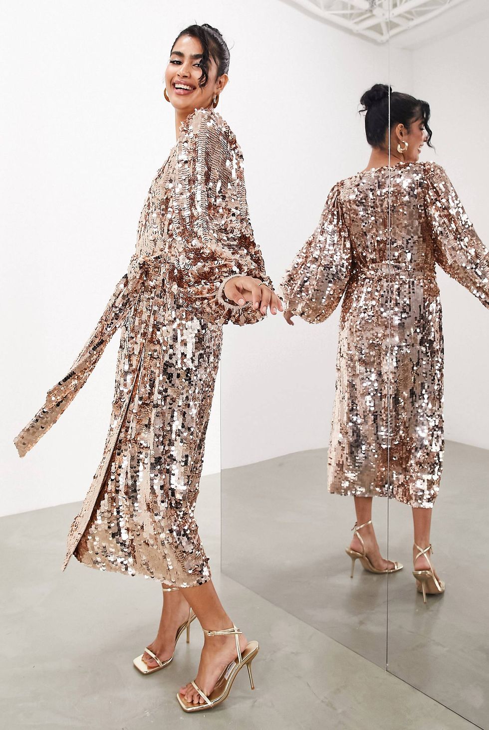 Batwing Sleeve Sequin Wrap Midi Dress in Gold