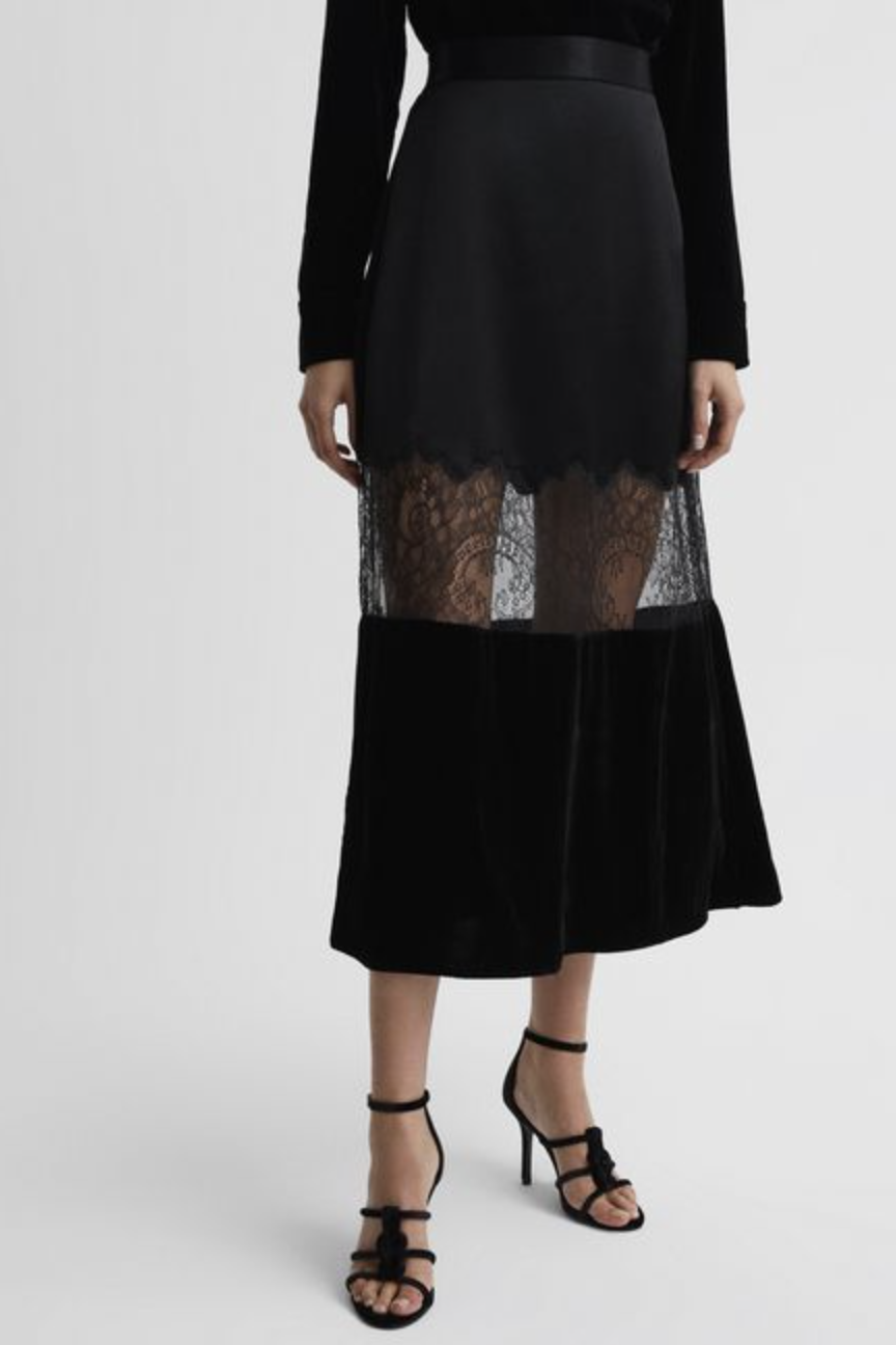 Lace-Trimmed Velvet And Satin Skirt