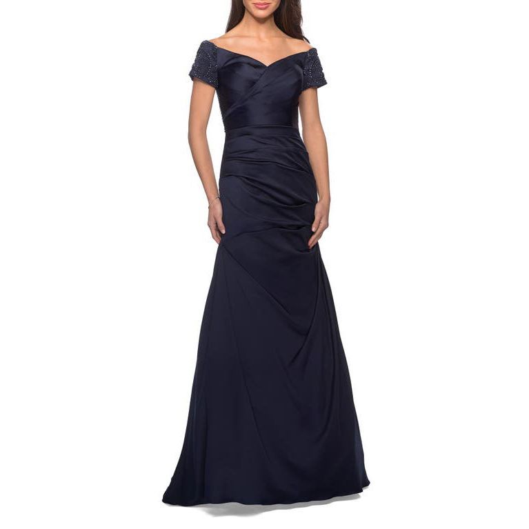 Off the Shoulder Beaded Satin Trumpet Gown
