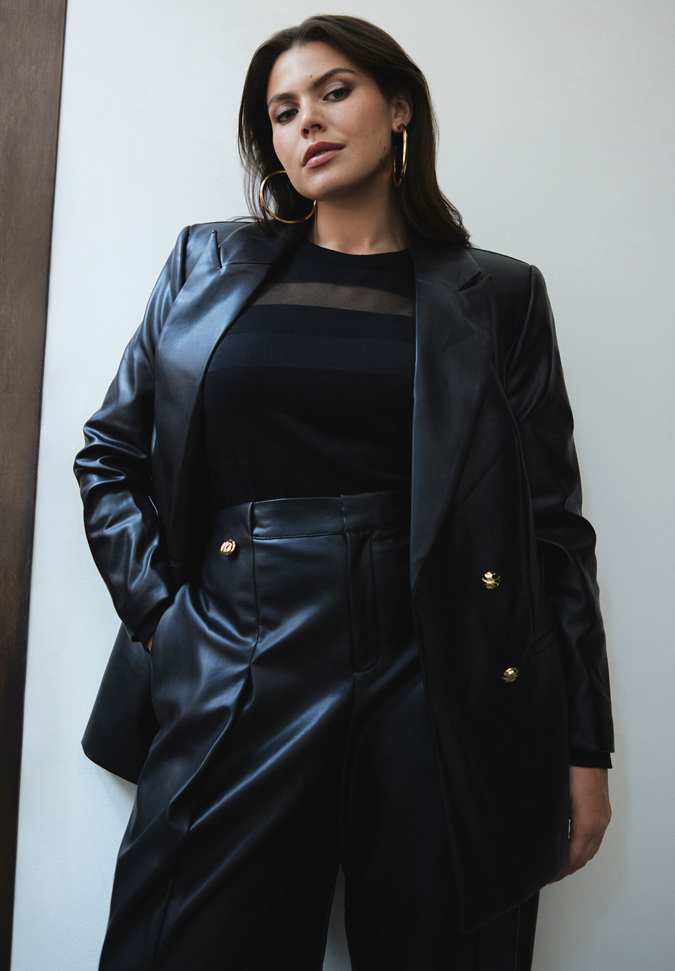 Women's Black Double Breasted Blazer, Black Leather Leggings