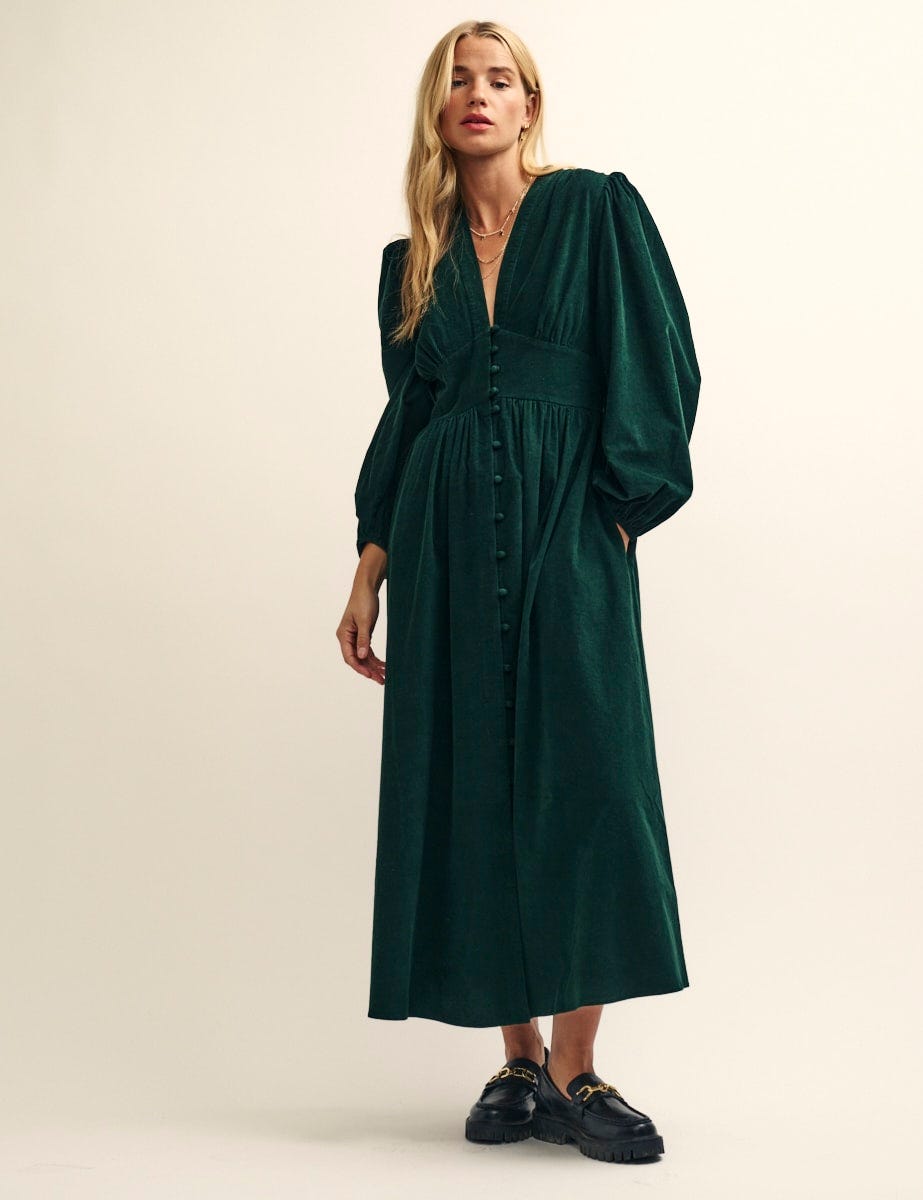 Women Wool Dress Long Sleeve Midi Dress Autumn Winter Dress Green