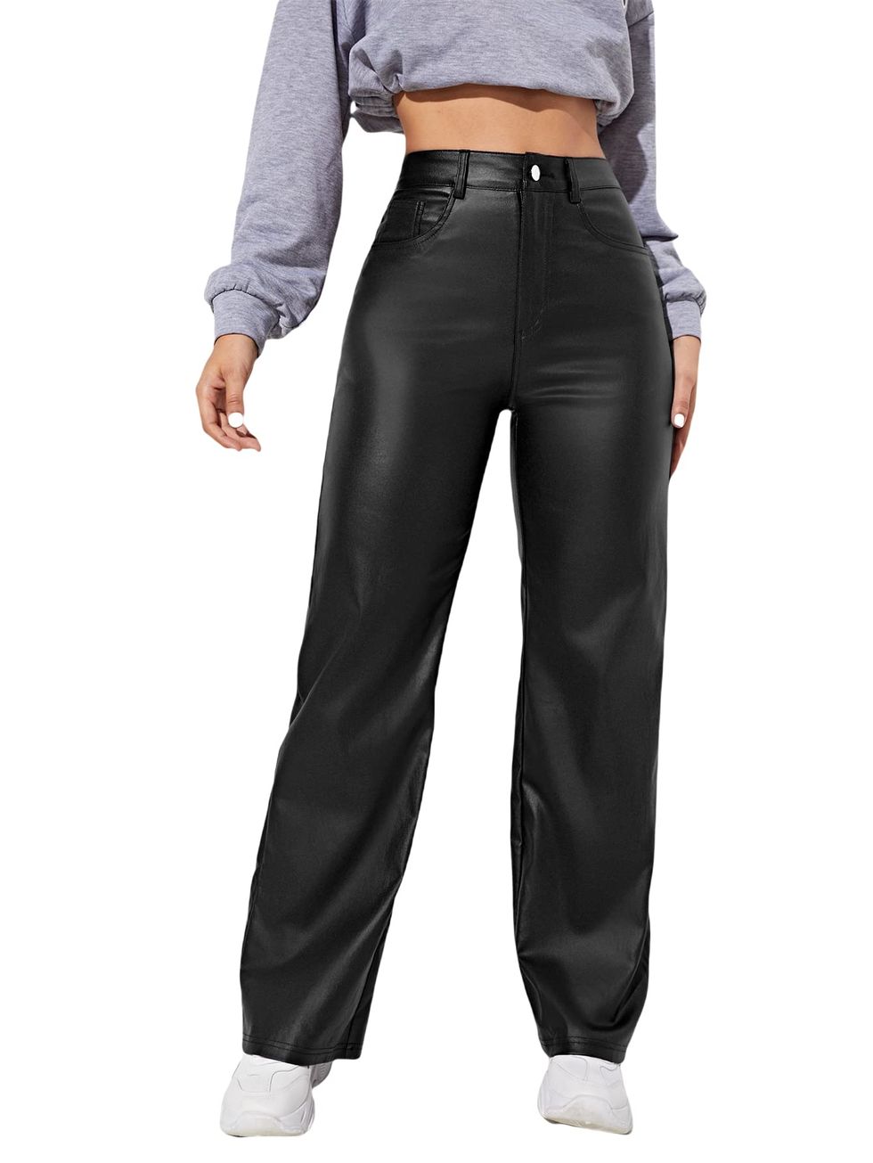 MakeMeChic Women's Faux Leather Pants Straight Wide Leg Leather Pants Black  Petite XXS at  Women's Clothing store