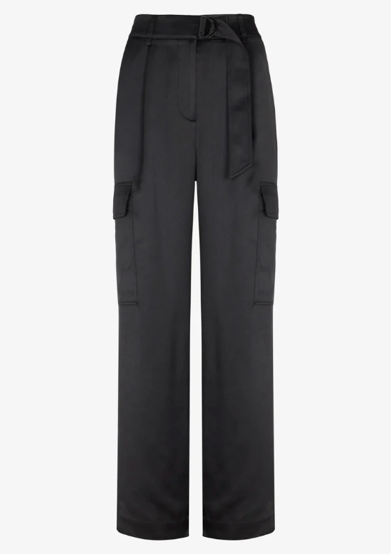 Black Satin Cargo Trousers