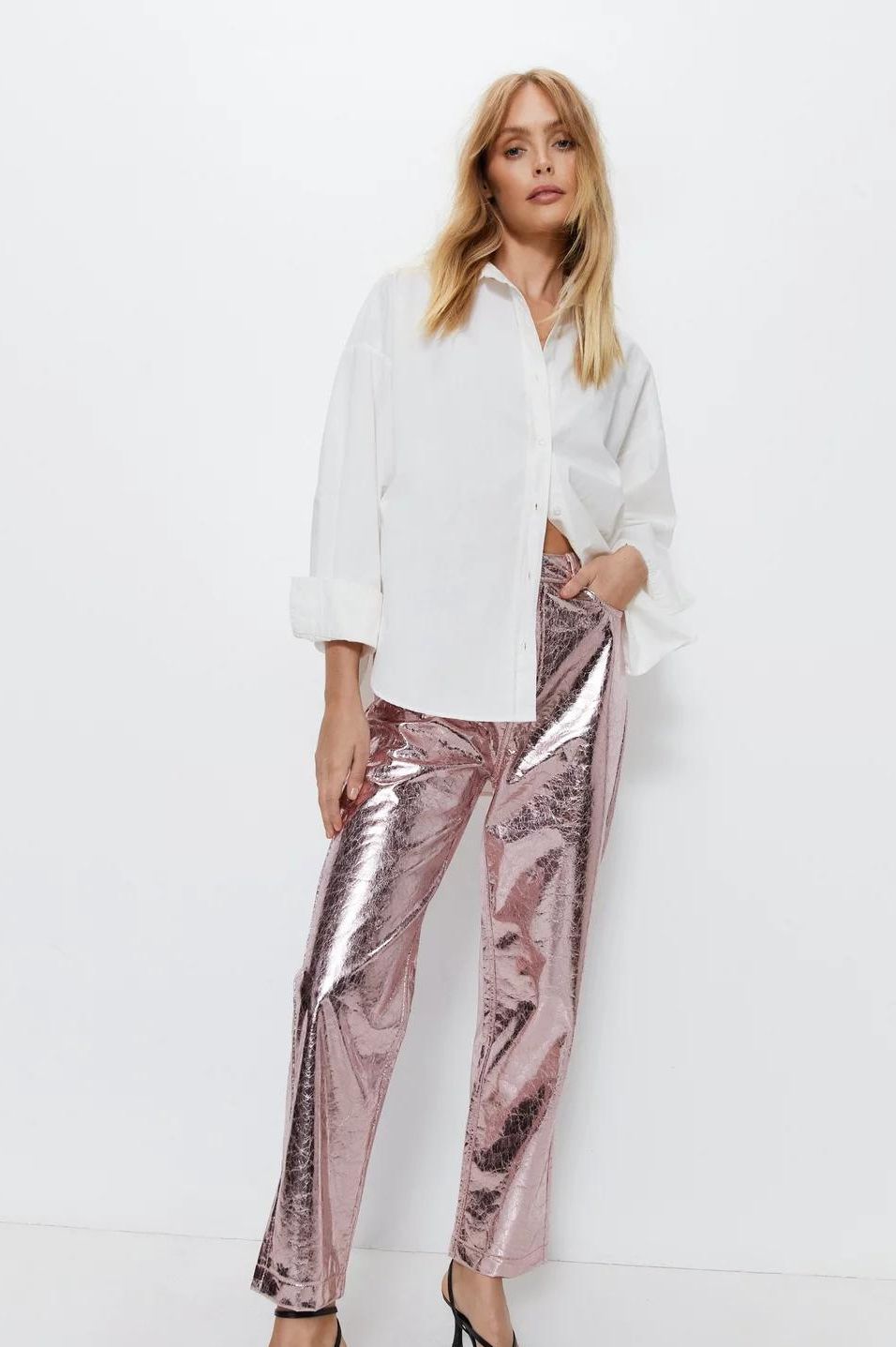 Crackle faux leather straight leg trouser
