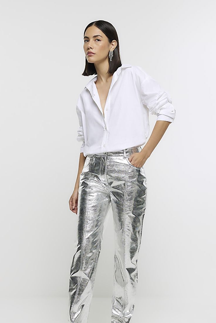 Silver metallic straight leg trousers