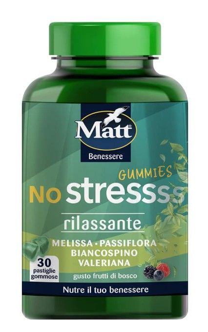 No Stress Gummies sono pastiglie gommose a base di estratti vegetali di Melissa, Passiflora, Biancospino e Valeriana. Gusto frutti di bosco