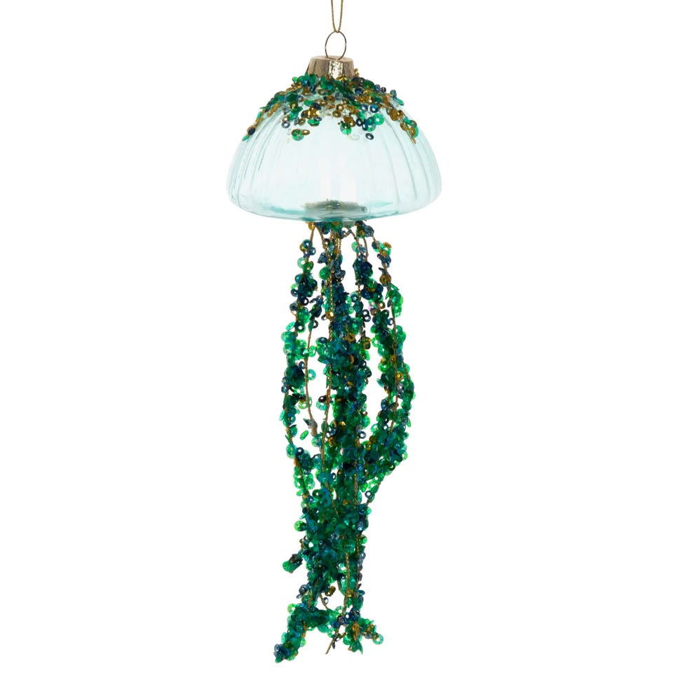 Adorno de Navidad de medusa de cristal azul con purpurina verde - Lote de 6
