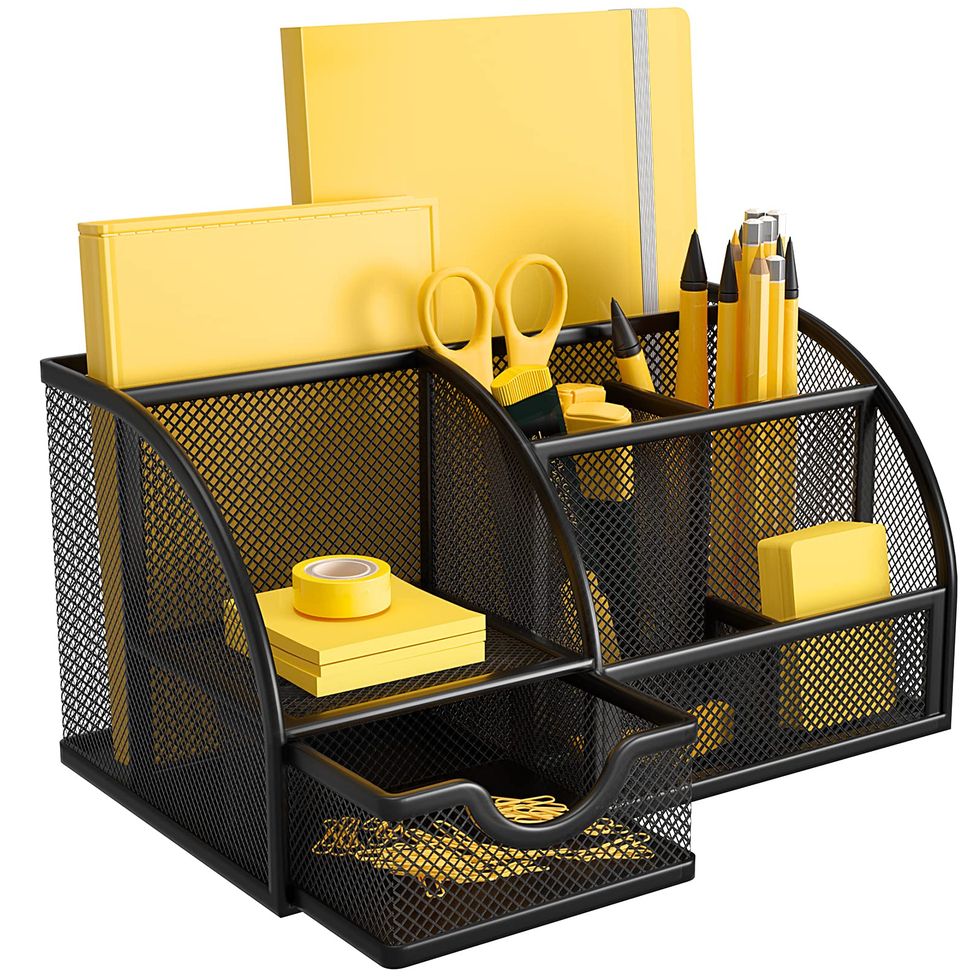 Pipishell, organizer da scrivania in rete metallica con cassetto e portapenna, 6 scomparti di ordinamento per penne, pinzatrici, clip per cartelle, note adesive, nero