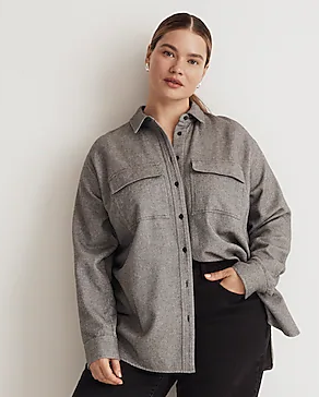 Flannel Button-Up Shirt for Tall Women in Taupe and Grey