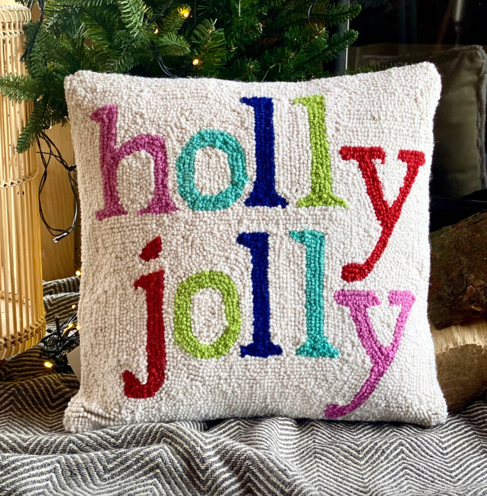 Embroidered Green Holly Christmas Pillow