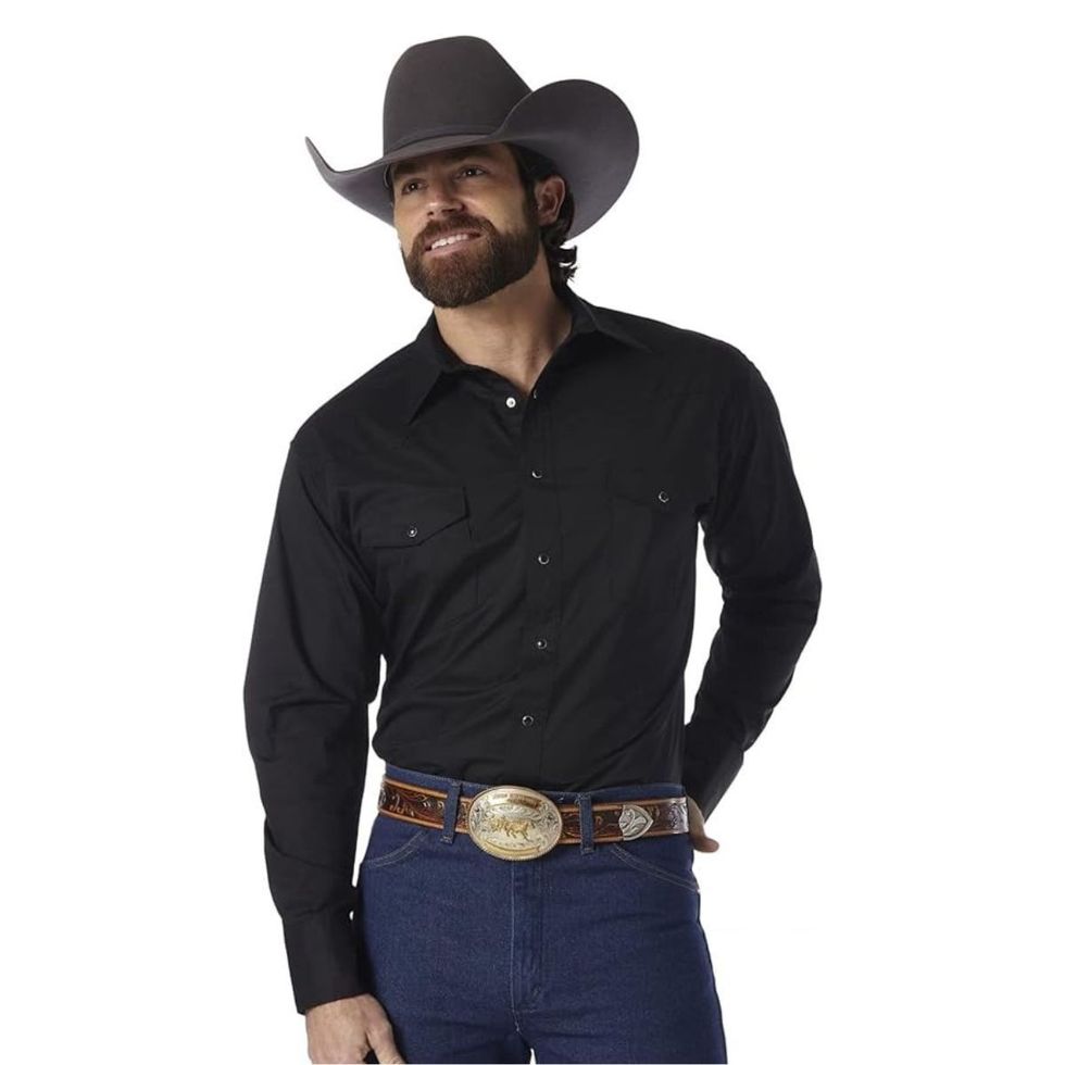 Men's Sport Western Basic Two Pocket Long Sleeve Snap Shirt, Black, Large