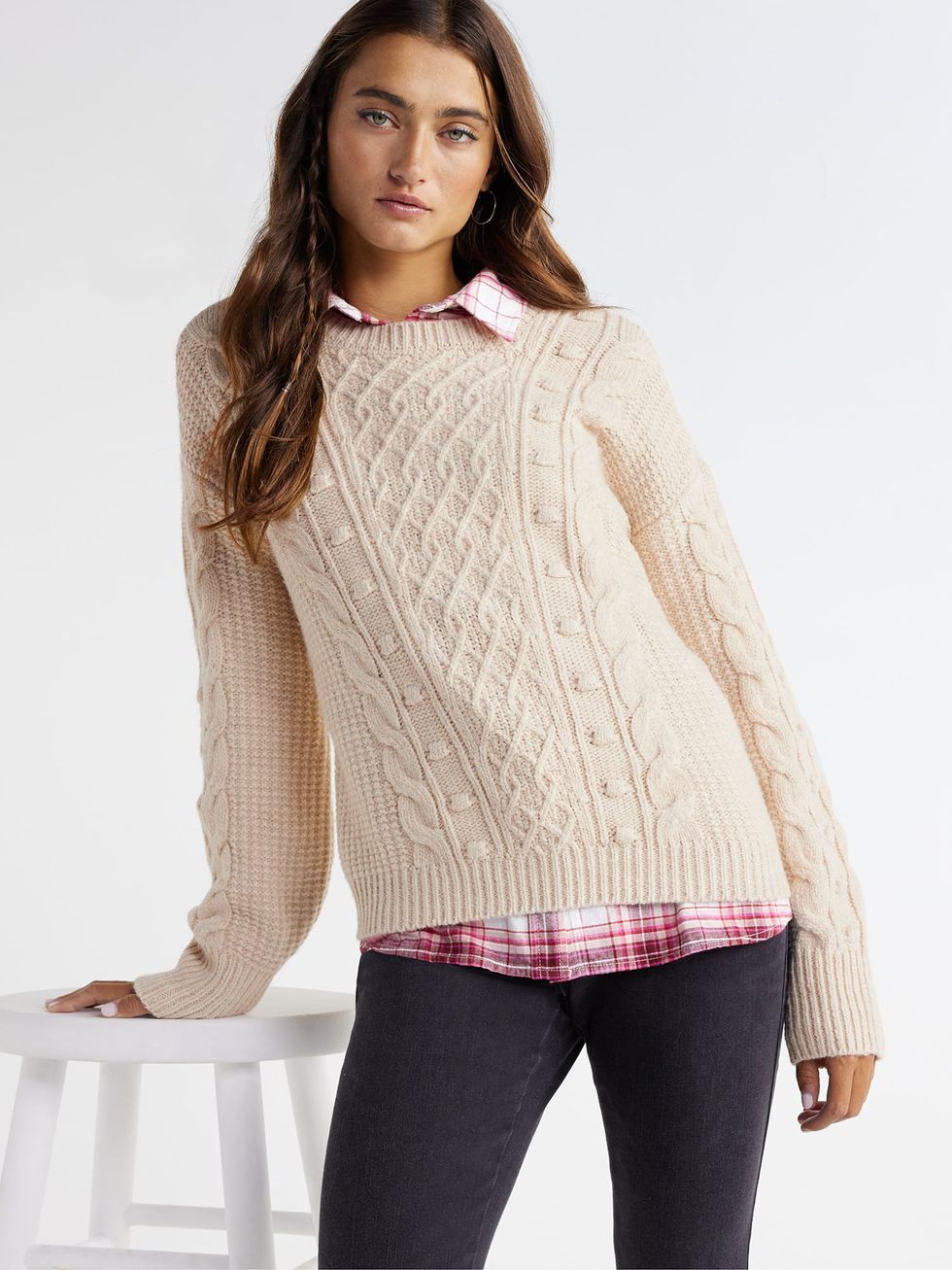 Women Faux Mink Fur Knit Jumper Sweater Pullover Top Off Shoulder Lantern  Sleeve